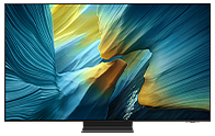 Një TV Samsung OLED shfaq një peizazh abstrakt ngjyrë blu me të verdhë në ekran.