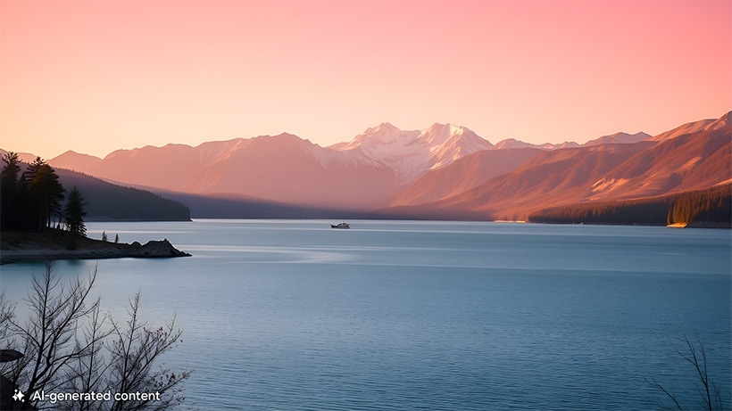 Un lac paisible avec un bateau sur l'eau et des montagnes en arrière-plan. Une note au bas de l'image indique « AI-generated content » (contenu généré par l'IA).
